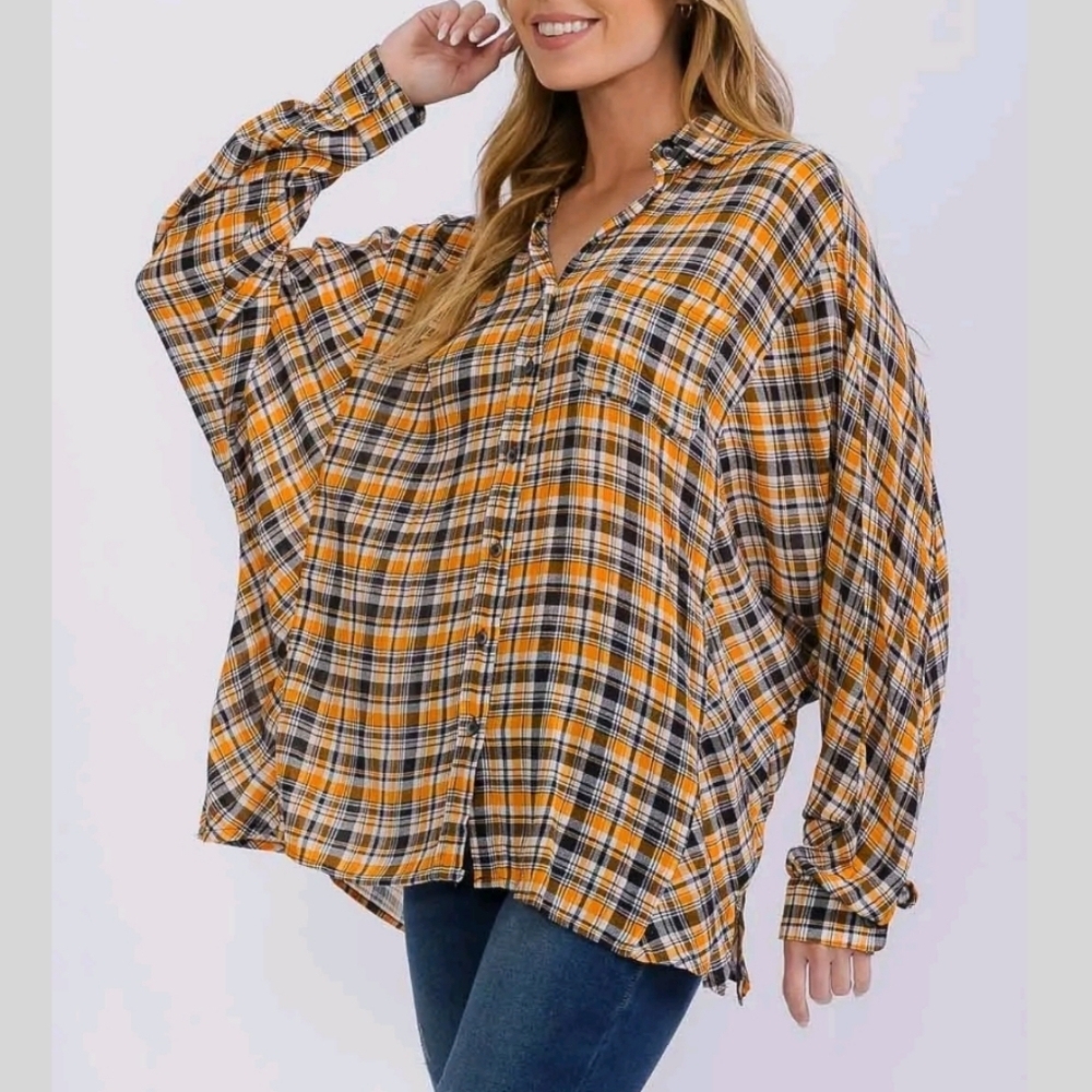 Easel oversized long sleeve button-down tunic plaid shirt NWT - Picture 3 of 12